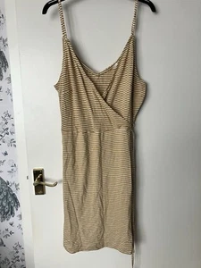 H&M Mustard Cream Stripe Dress Size L Mock Wrap Strappy Belted Tan Short Summer - Picture 1 of 6