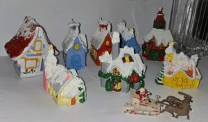 9pc Vint Flocked North Pole Kitsch Christmas Blow Mold House Ornaments Hong Kong - Picture 1 of 17