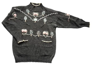 Vintage Jumper 80s Womens Grey Knitted Pattern Retro Indie Boho 14 - Picture 1 of 2