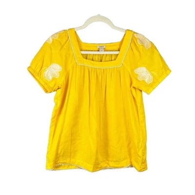J. Crew Women's 100% Linen Embroidered Peasant Blouse Top Boho Medium Yellow - Image 1 of 4