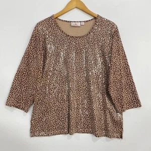Top para mujer QUACKER FACTORY talla XL marrón diseño de lentejuelas con estampado animal manga 3/4 - Imagen 1 de 8