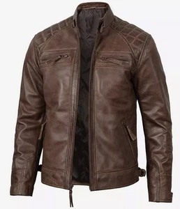 Men's Genuine Leather Biker Jacket – Vintage Motorcycle Style, Slim Fit - Picture 1 of 4