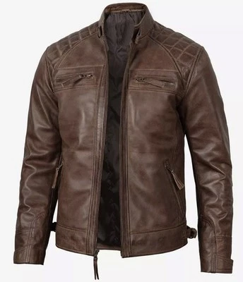 Men's Genuine Leather Biker Jacket – Vintage Motorcycle Style, Slim Fit - Image 1 of 4