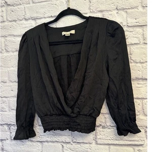 Monteau Los Angeles schwarze Bluse Oberteil XL Langarm Surplice gesmokte Taille - Bild 1 von 7