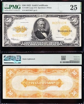 VERY NICE *RARE* Bold & Crisp VF+ 1922 $50 GOLD CERTIFICATE! PMG 25! B4372027 - Image 1 of 3