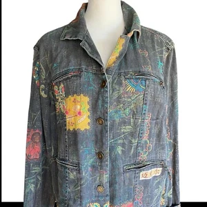 Chico’s Linen/Cotton Dark Grey Asian Motif Jacket Pockets Button-Up Sz 1 - Picture 1 of 16