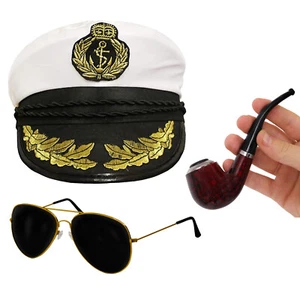 SAILOR CAPTAIN HAT, PIPE & GLASSES FANCY DRESS ACCESSORY SET NAUTICAL SEA MARINE - Picture 1 of 1