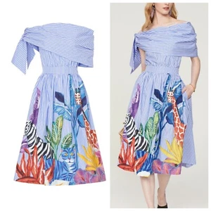 Stella Jean Stripe Off The Shoulder Blue White Dress Pinstripe Animal Motif - S - Picture 1 of 10