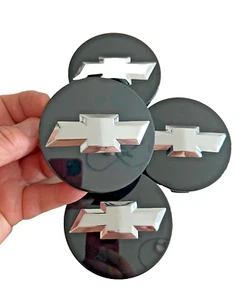 Black Gloss Chevy Wheel Center 4 Caps Chrome Emblem Chevrolet Silverado Tahoe - Picture 1 of 3