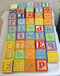 44 Wooden Toy Blocks 1.5" Numbers Letters Animals Etc - Picture 1 of 12