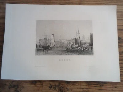 LITHOGRAPHIE 18X29 BREST LE PORT JULES NOEL NANCY SCENE DE MER BATEAU 1850 - Photo 1/2