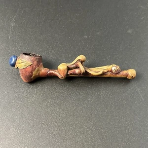 Vtg Molded Clay Erotica Naughty Pipe Man Cave Gift Carved Wood W/Stone Adult - Picture 1 of 8