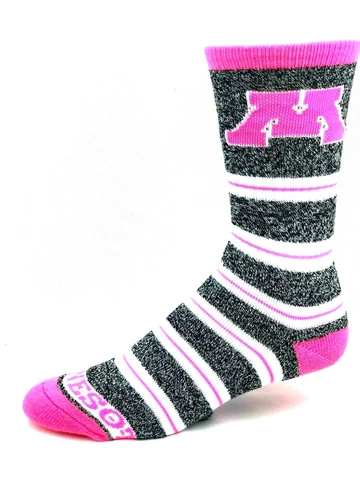 Minnesota Golden Gophers Gray Marbled and Pink Melange Stripe Crew Socks Cover