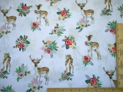 Quilt Fabric By Half-Yard Deer Beautiful Pink Red Floral White Premium Cotton  - Image 1 of 2