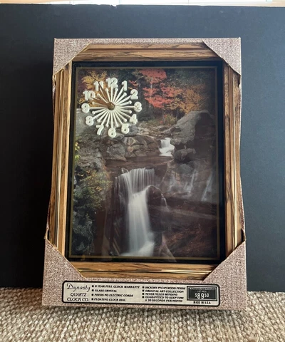Vintage Dynasty Quartz Clock Waterfall Scenery Hickory Pecan Wood Glass Crystal Cover