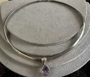 Vintage Sterling Silver Amethyst Teardrop Pendant Omega Collar Necklace - Picture 1 of 6