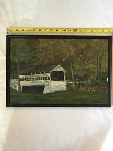 Original Jane Locke ‘66 Covered Bridge Painting Framed Board Fall Scenery 18x12 - Picture 1 of 5