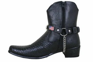 New Men Cowboy Boot Silver Metal Chain Black Faux Leather 2 Straps Shoe USA Flag - Picture 1 of 14