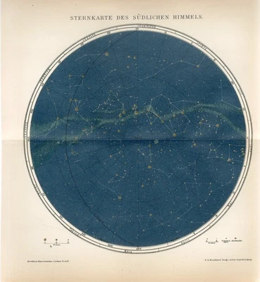 Карта 1895 ЗВЕЗДЫ СОЗВЕЗДИЯ ЮЖНОЕ ПОЛУШАРИЕ НЕБЕСНЫЙ КРЕСТ ОРЕЛ ВОЛК РЫБА - Изображение 1 из 2