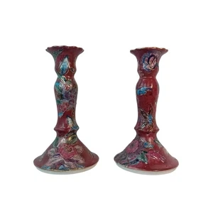 2 Vintage Mid Century Modern Asian Ceramic Floral Candle Stick Holder Home Decor - Picture 1 of 12