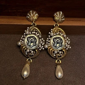 Museum Coin Earrings Antique Pearl Greek Roman Seashell Revival Art Portrait - Picture 1 of 9