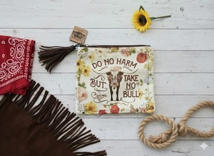 Junk Gypsy Do No Harm But Take No Bull Pouch Make Up Bag Faux Leather Tassle - Picture 1 of 15