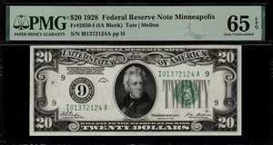 1928 $20 Federal Reserve Note Minneapolis FR.2050-I - Graded PMG 65 EPQ - Picture 1 of 2