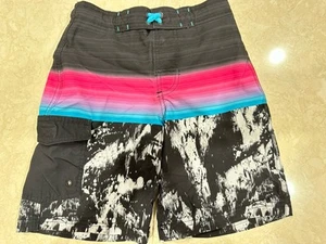 Boys Swim Trunks Board Shorts Pull On Size 8 Black Gray Stripped Lightweight - Picture 1 of 2