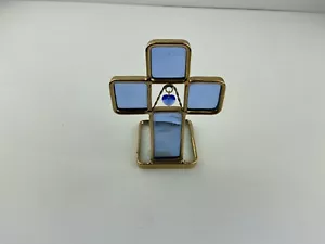 Blue Stained Glass And Gold Metal Cross Free Standing Home Decor With Heart - Picture 1 of 6