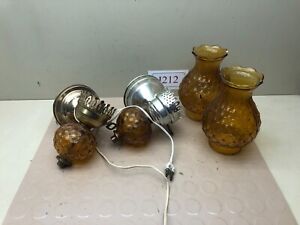 Vintage Pair of Pineapple Glass Light Wall Lantern Sconce Hurricane Lamp Chimney
