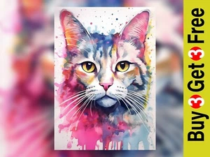 Whiskers in Bloom: Vibrant Watercolor Cat Art Print 5"x7" - Picture 1 of 6