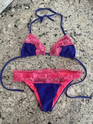 Vintage Beach Bunny Lady Lace Bikini, Blue & Pink - Image 1 of 4