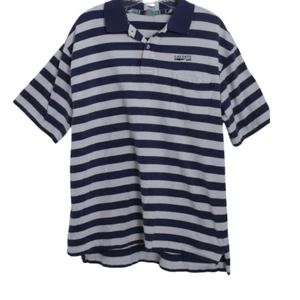 Polo vintage Izod Lacoste para hombre a rayas talla L azul blanco a rayas cuello grande - Imagen 1 de 9