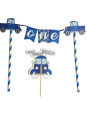 2 Piezas 1er Cumpleaños Pastel Topper Azul Dibujos Animados Camión Y “Uno” Banner Niño Decoración Foto 1 de 4
