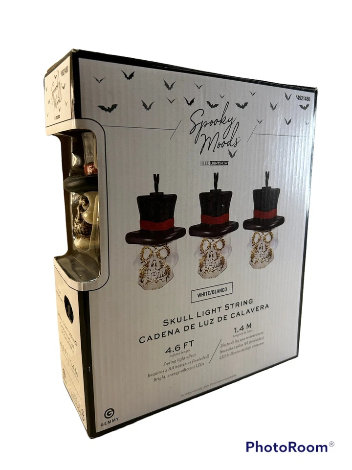 Gemmy Halloween Skull Light String 4.6FT Top Hat Spooky Moods LED Haunted Decor