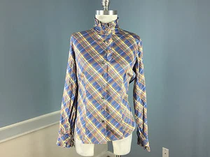 Etcetera S 4 Blue Plaid Ruffle Button Up Blouse Shirt Cotton Blend Career Casual - Picture 1 of 4