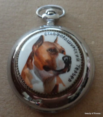 RELOJ BOLSILLO RUSO PERRO ESMALTADO PINTADO A MANO Staffordshire Bull Terrier Foto 1 de 3