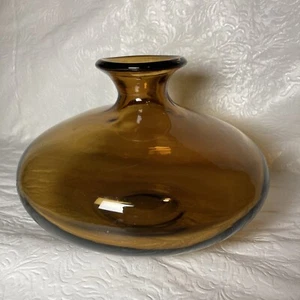 Blown Amber Glass Squat Round Vase Flask Bottle 7” Diameter 6” Tall - Picture 1 of 6