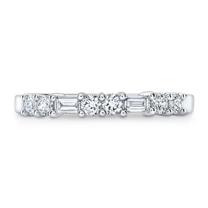 14k White Gold Alternating Round Baguette Diamond Ring Wedding Band Womens - Picture 1 of 3