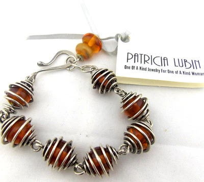 Pulseira de prata esterlina feita à mão contas de vidro topázio enjaulado original - Imagem 1 de 3