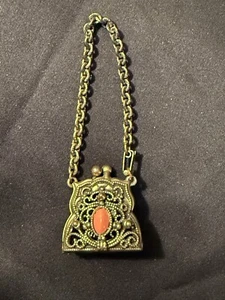 Antique Vintage Victorian Miniature Coin Change Purse Brass Tone w/Stone Opens - Picture 1 of 12