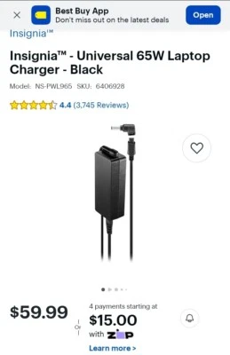 Insignia Universal 65W Laptop Charger BlackModel NS-PWL965SKU 23B10A  - Image 1 of 4