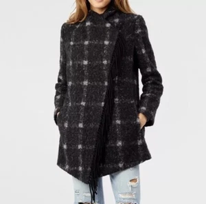 SAM EDELMAN WOMEN'S JACKET BLACK GRAY PLAID FRINGED PEACOAT CHOOSE SIZE NEW - Picture 1 of 10