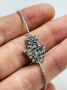 Silver and multicoloured gemstones Hamsa hand bracet - Picture 1 of 5