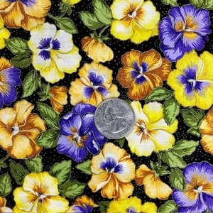 Gold edged Pansies Joan Messmore on Black Cotton Cranston Fabric 2.5 yds to sew - Picture 1 of 6
