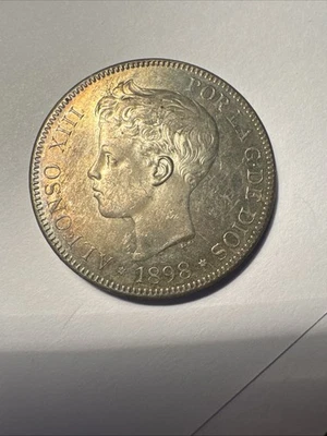 1898 Spain Silver 5 Pesetas Alfonso XIII Uncirculated! Gold Toning - Image 1 of 4