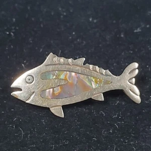 Signierte Silber Alpaka Fisch Anstecknadel Brosche Abalone Mexiko - Bild 1 von 5