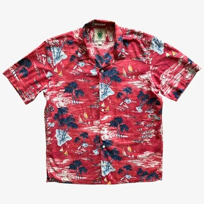 Men's Club Room Palm Tree & Boat Print Short Sleeve Red Hawaiian Shirt Party - Image 1 of 3