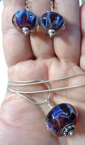 Vintage, Sterling 925 Stamped, Handcrafted Artistic Glass, Pendant Necklace/Matc - Picture 1 of 7