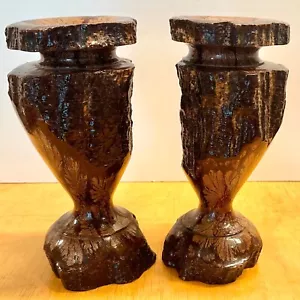 9" Mid Century Hand Turned Vintage Chrysanthemum Wood Vases or Candle Holders - Picture 1 of 12